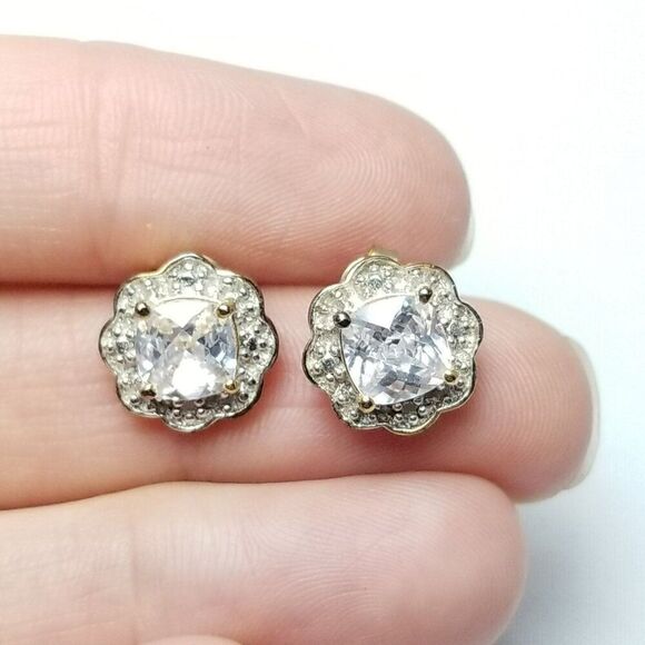 Sterling Silver and CZ Stud Earrings, Halo Design, Gold Wash, Signed DL - Picture 6 of 7